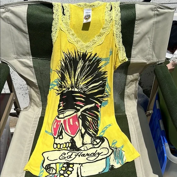 Ed Hardy Yellow Skull Graphic Tank with Lace - Picture 2 of 7